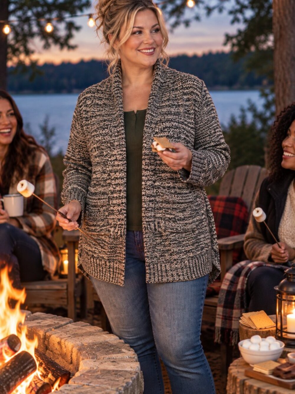 Chaps Denim Marled Shawl Collar Cardigan Sweater Tan Black 1X
